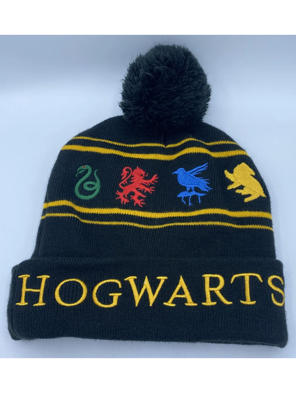 Harry Potter Hogwarts Houses Embroidered Beanie Hat Pom Pom Black